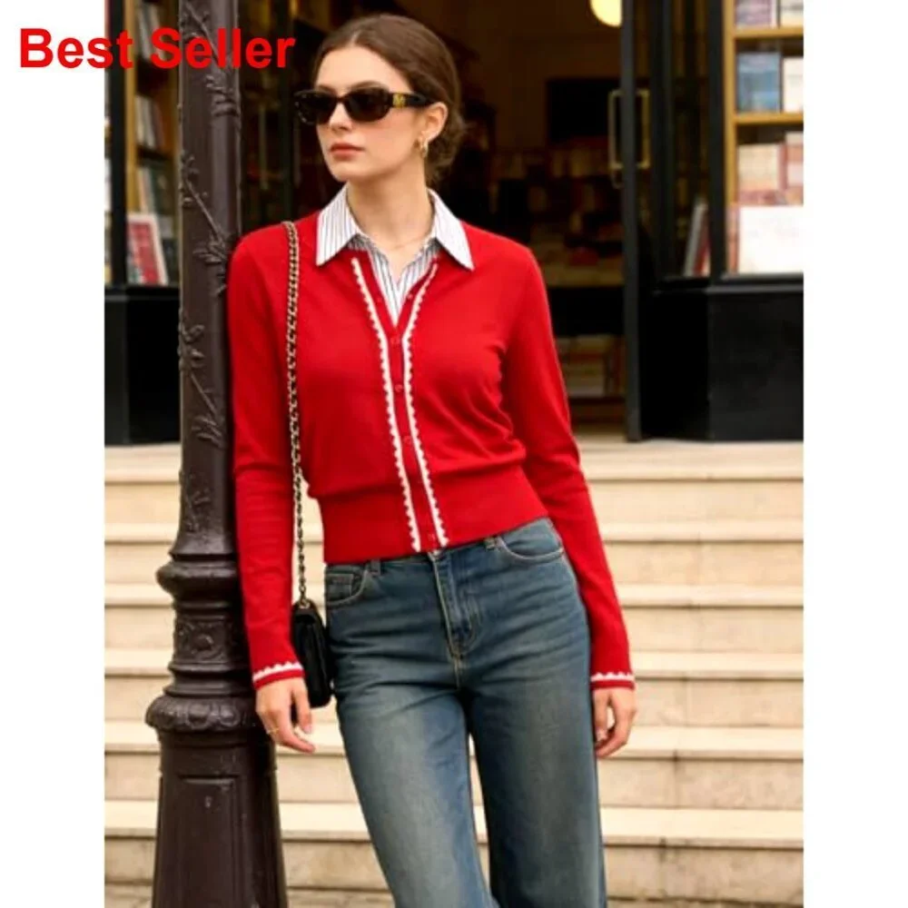 Cropped Knit Cardigan Long Sleeve Crew Neck Button Up Stretchy